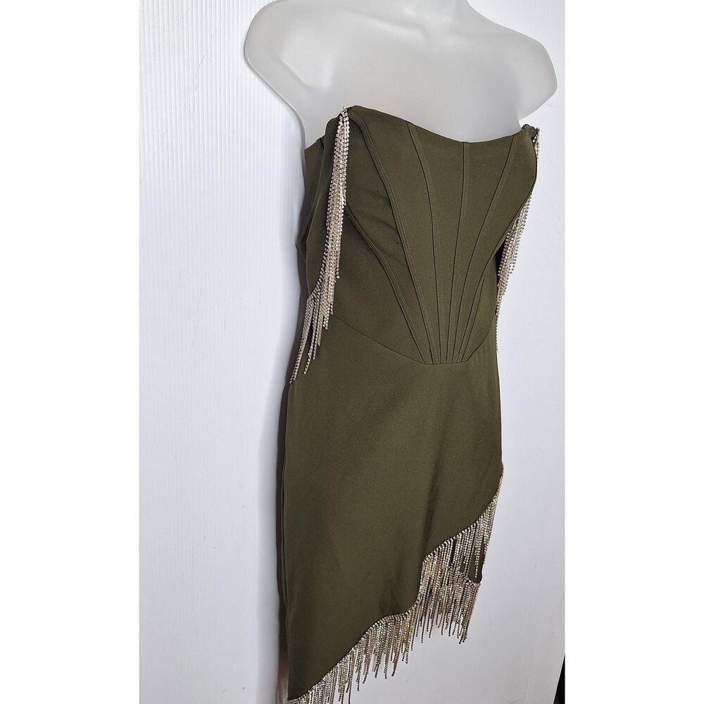 Lavish Alice Bardot Corset Mini Dress Beaded Fringe 8 Prom Swiftie Bling Khaki - Picture 12 of 13